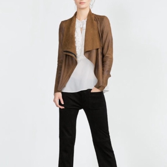 Zara Vegan Suede Leather Moto Brown Jacket XS - Picture 2 of 10